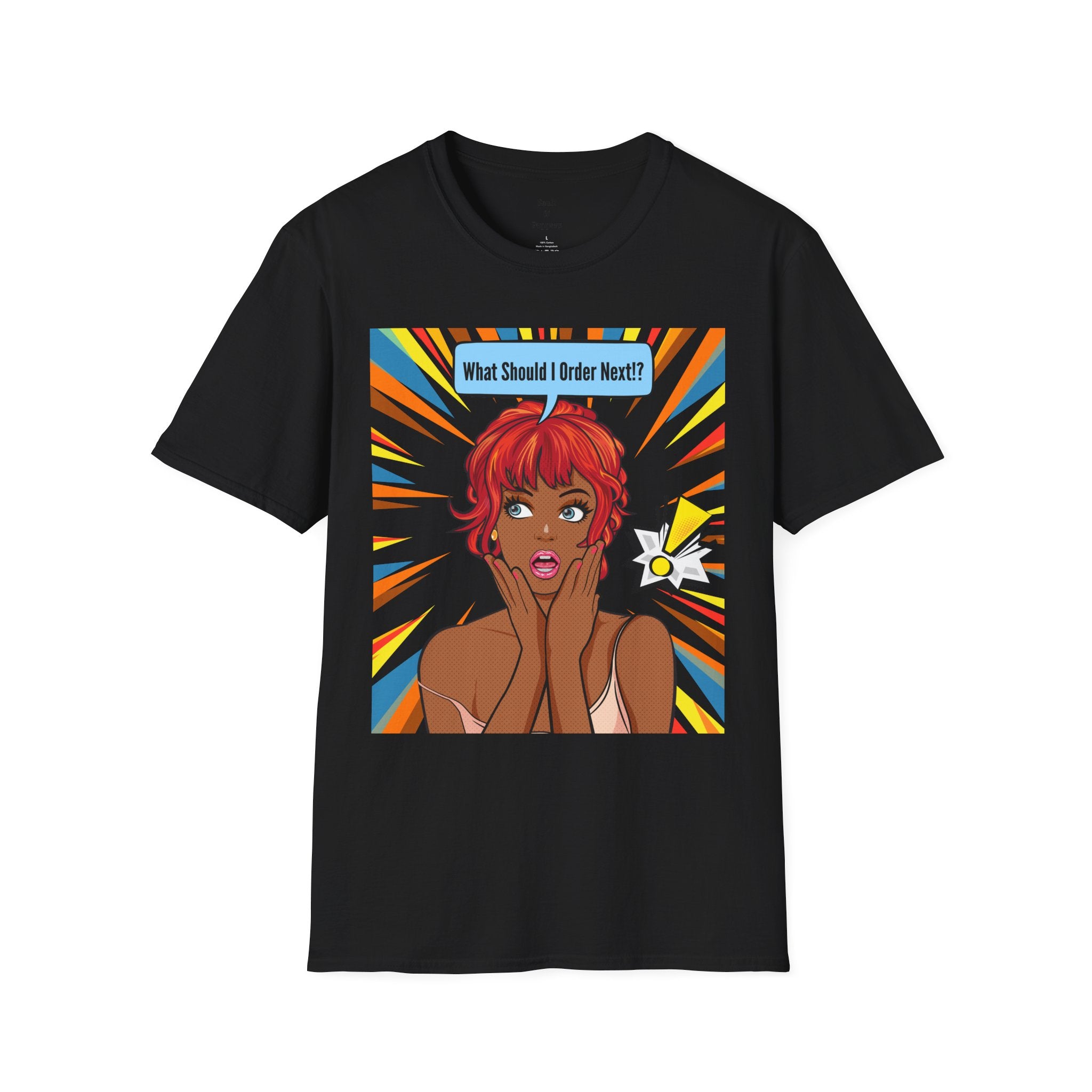 "What Should I Order Next?" Pop Art T-Shirt (Black girl)
